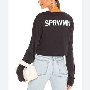 SPRWMN Love Edit Tee Long Sleeve Crop Top Navy Blue Crew Neck Sz S NEW